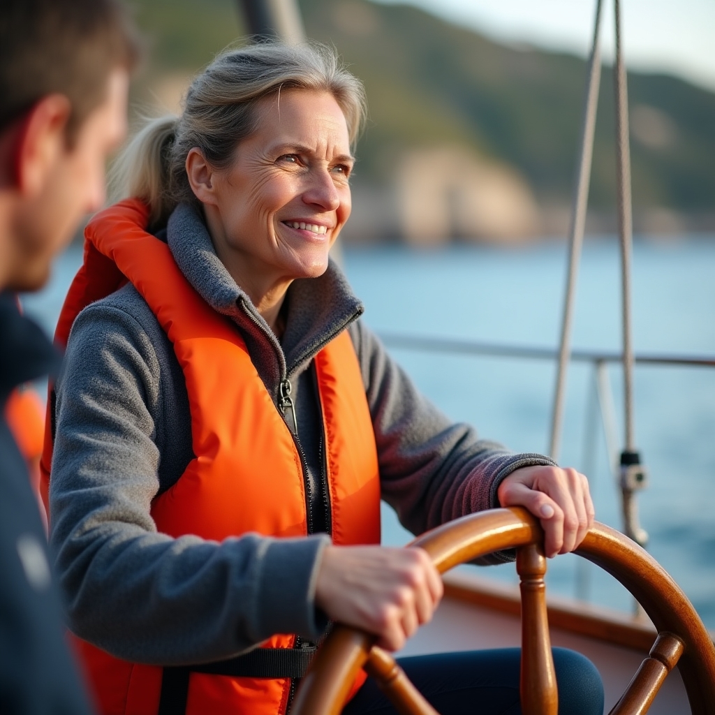 Alumno adulto aprendiendo a timonear en velero por primera vez