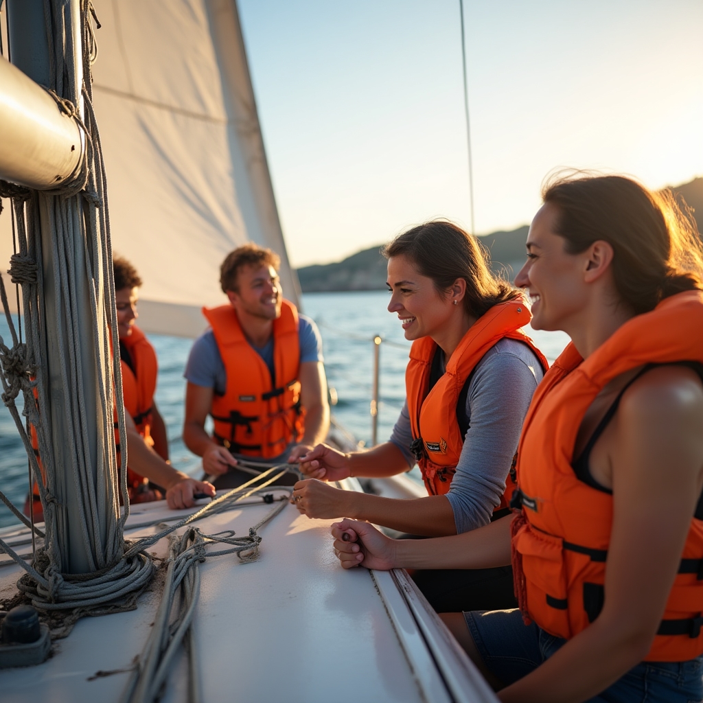 Grupo de cuatro alumnos adultos navegando en velero