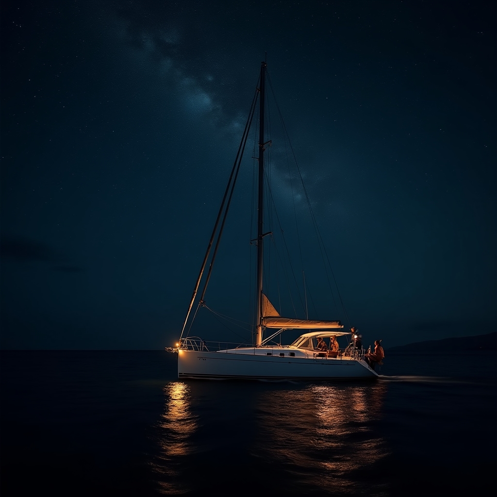 Velero navegando de noche bajo un cielo estrellado en el Mediterráneo